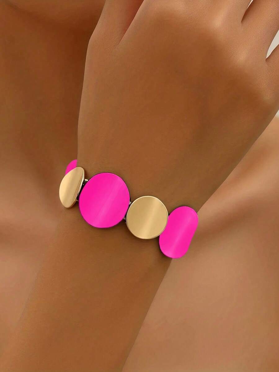 1pc Middle Eastern Fashion Geometric Circle Metal Style Black Elastic String Bracelet/Bangle, Suitable For Women Daily Wear And Party