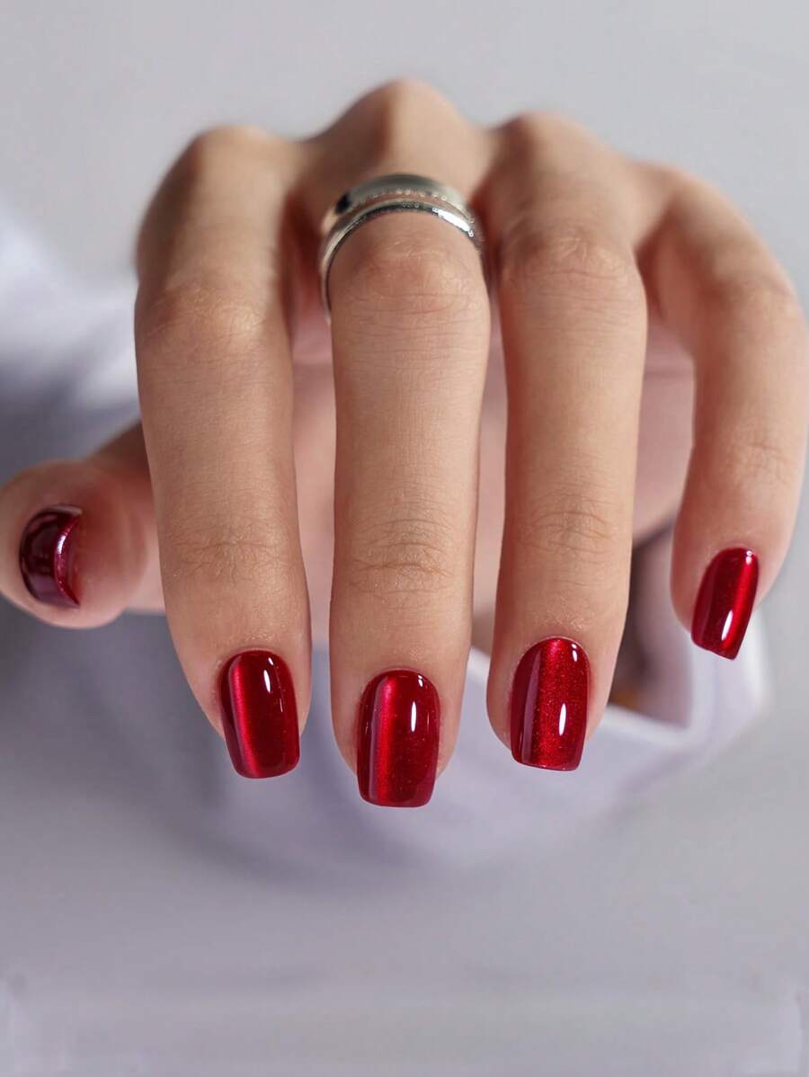 30 piezas Uñas postizas acrílicas cuadradas cortas de color borgoña brillante, con diseño de ojo de gato brillante, adecuadas para mujeres en festivales, casual, vida diaria, decoración de uñas para primavera/verano