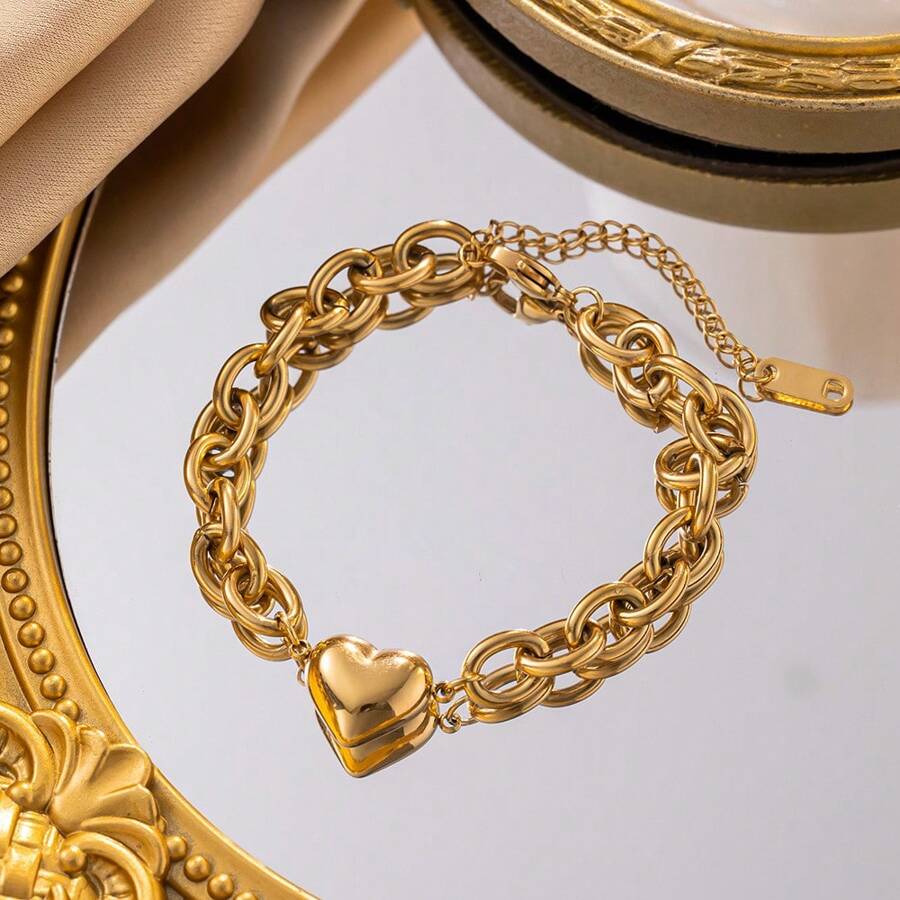 1 set de collier et bracelet en acier inoxydable plaqué or 18 carats, design en forme de cœur. Style simple et minimaliste , idéal pour les rendez-vous, les soirées et le port au bureau