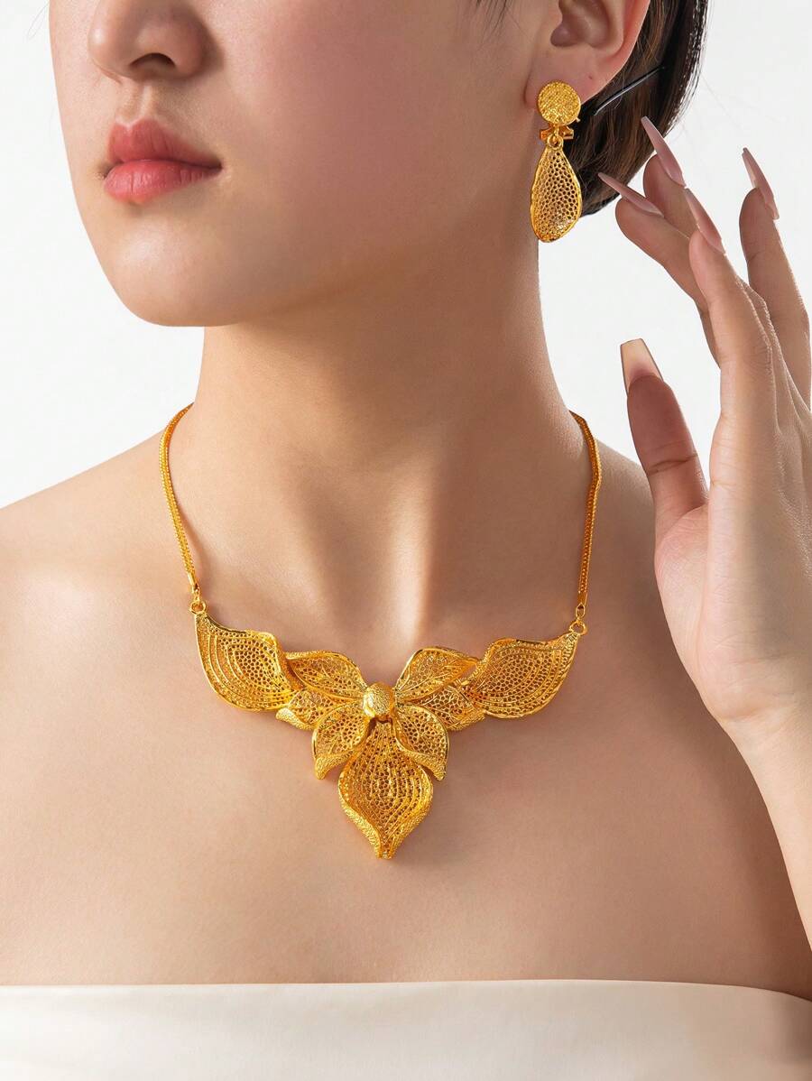 Set de 3 piezas Joyería de moda para mujer al estilo de Dubai con collar de 24K oro, accesorios del estilo árabe saudí