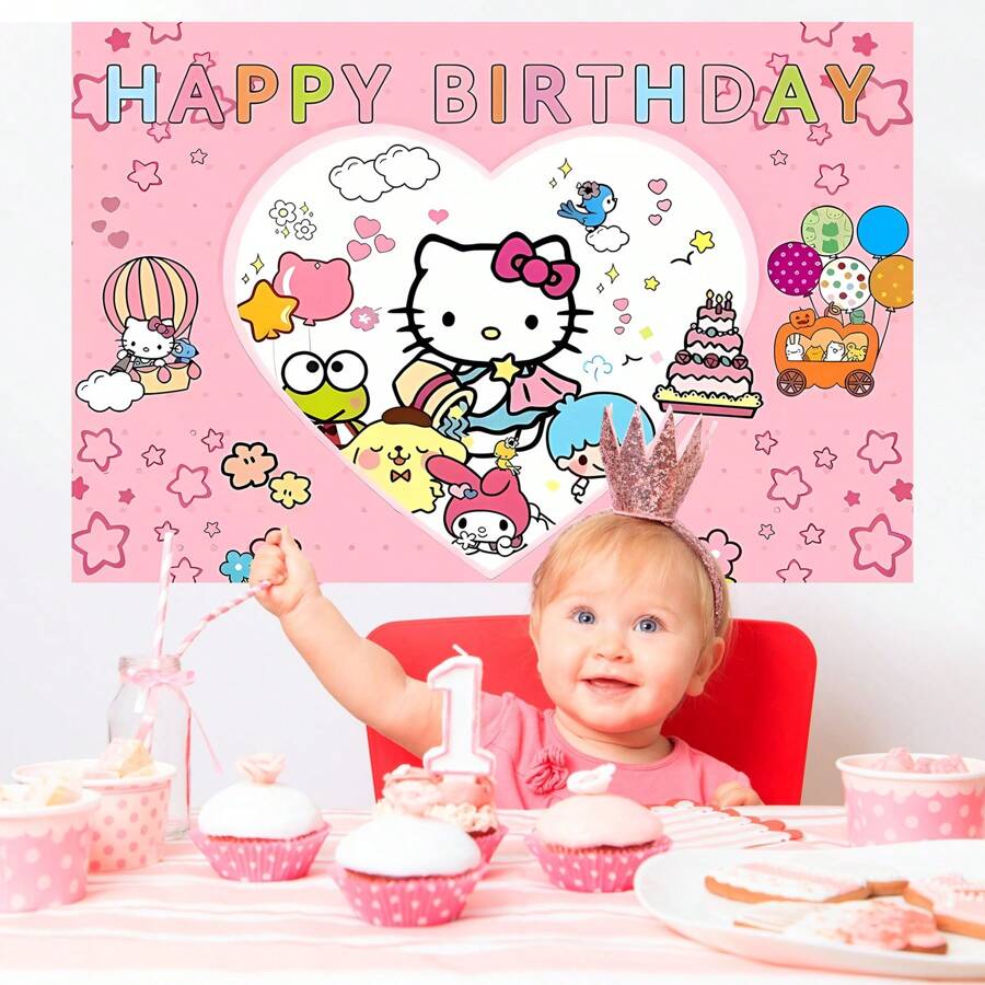 Sanrio Licensed 1PC Sanrio Love Kitten Birthday Party Decorative Background Banner Cartoon Theme Shower Party Perfect Decorative Items Bedroom Tapestry Photo Background Booth Props 82.7*59.1 *39.4/39.4*29.5 Inches