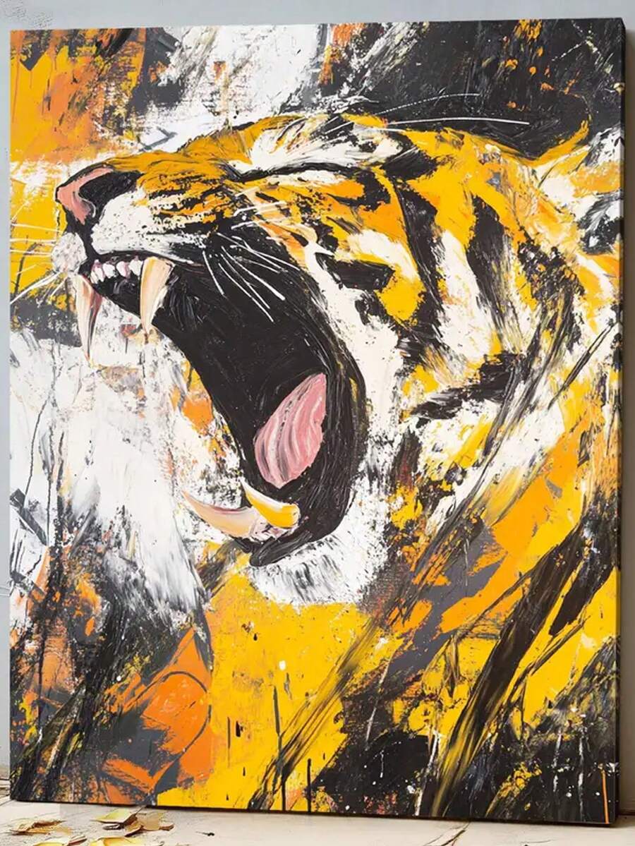 1pc Wooden Framed Canvas Painting Wall Art Jagged Tiger Captured Brushstrokes Mid-Roar Dad Gifts Cafe Bar Wall Decor Framed-Wrapped Canvas