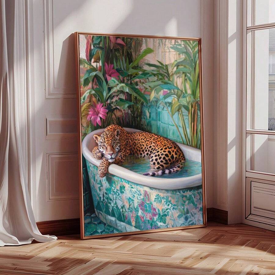1pc Leopard In Bathtub Wall Art Picture Tropical Jungle Bathroom Canvas Prints Paintings Playful Animal Poster Bold Maximalist Decor For Bedroom,Living Room,Dorm Wall Decor No Framed
