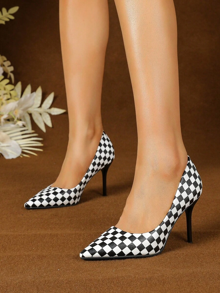 Black Checkered Pointed Toe Low Vamp Stiletto Heels, 2025 New Arrival Women's Shoes, Charming, Sexy, Fashionable & Versatile
