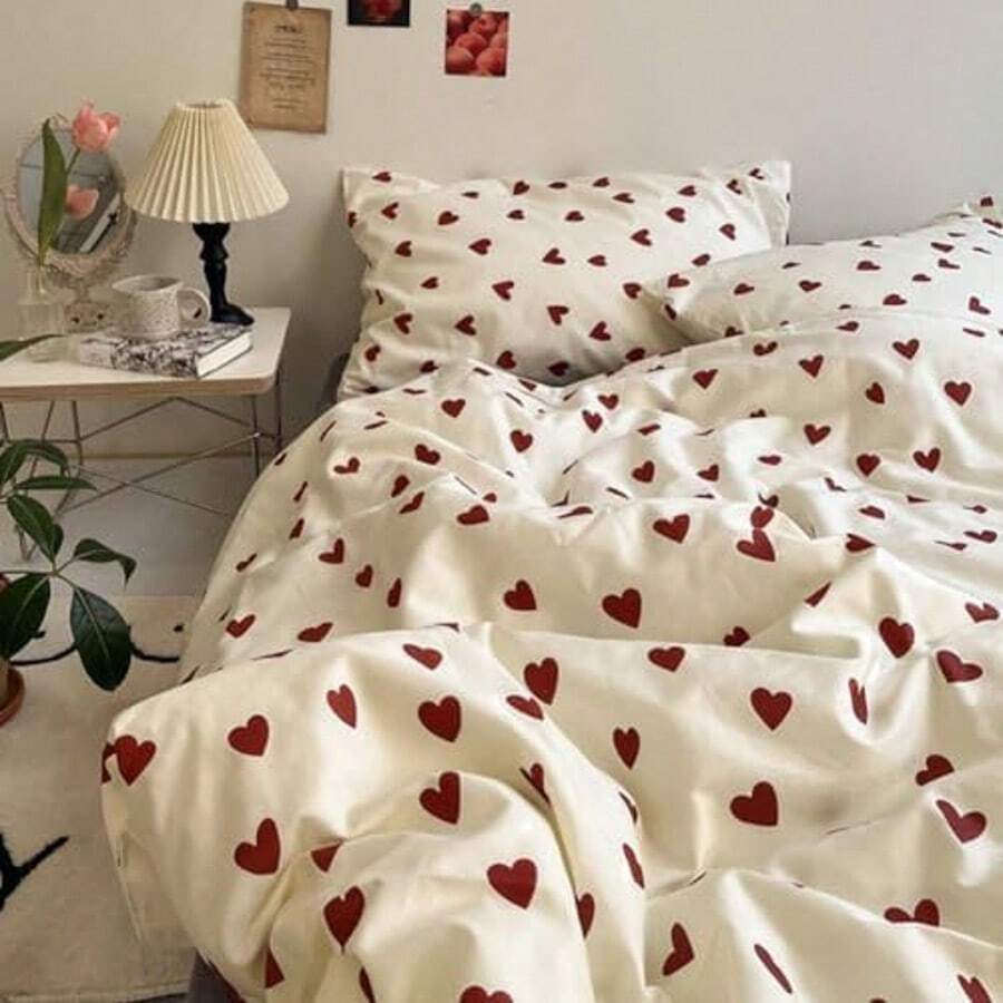 3pcs Bedding Set: White With Red Heart Patterned Comforter Cover, Microfiber Red & White Heart Themed Bed Sheet And Pillowcase Set