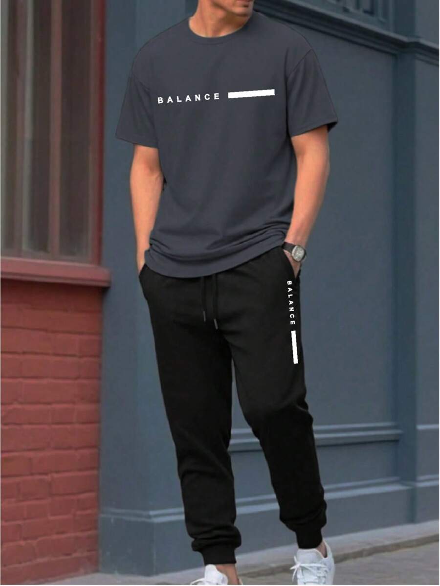 Men's Minimalist English Graphic Casual Short Sleeve T-Shirt And Pants Suit, Daily Wear