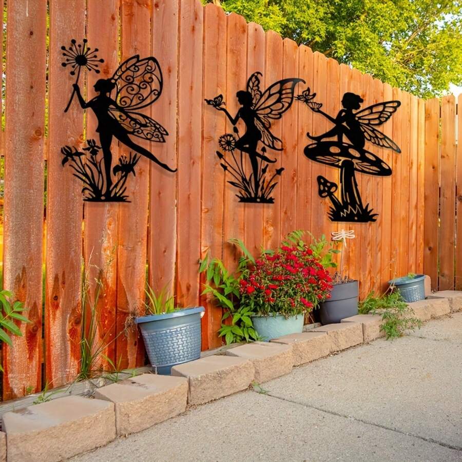 3pcs Black Metal Fairy Wall Art Set, Simple Fairy Silhouette Decor For Living Room, Bedroom, Bathroom, Kitchen, Terrace, Balcony, Indoor & Outdoor Use, No Electricity Needed,Garden Courtyard Wall Decoration.