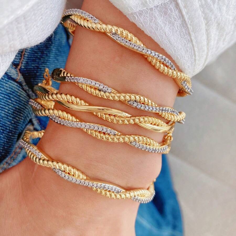 European Style 18K Gold Plated Copper CZ Inlaid Wave Cross Bangle Bracelet, Casual & Commuting, Light Luxury