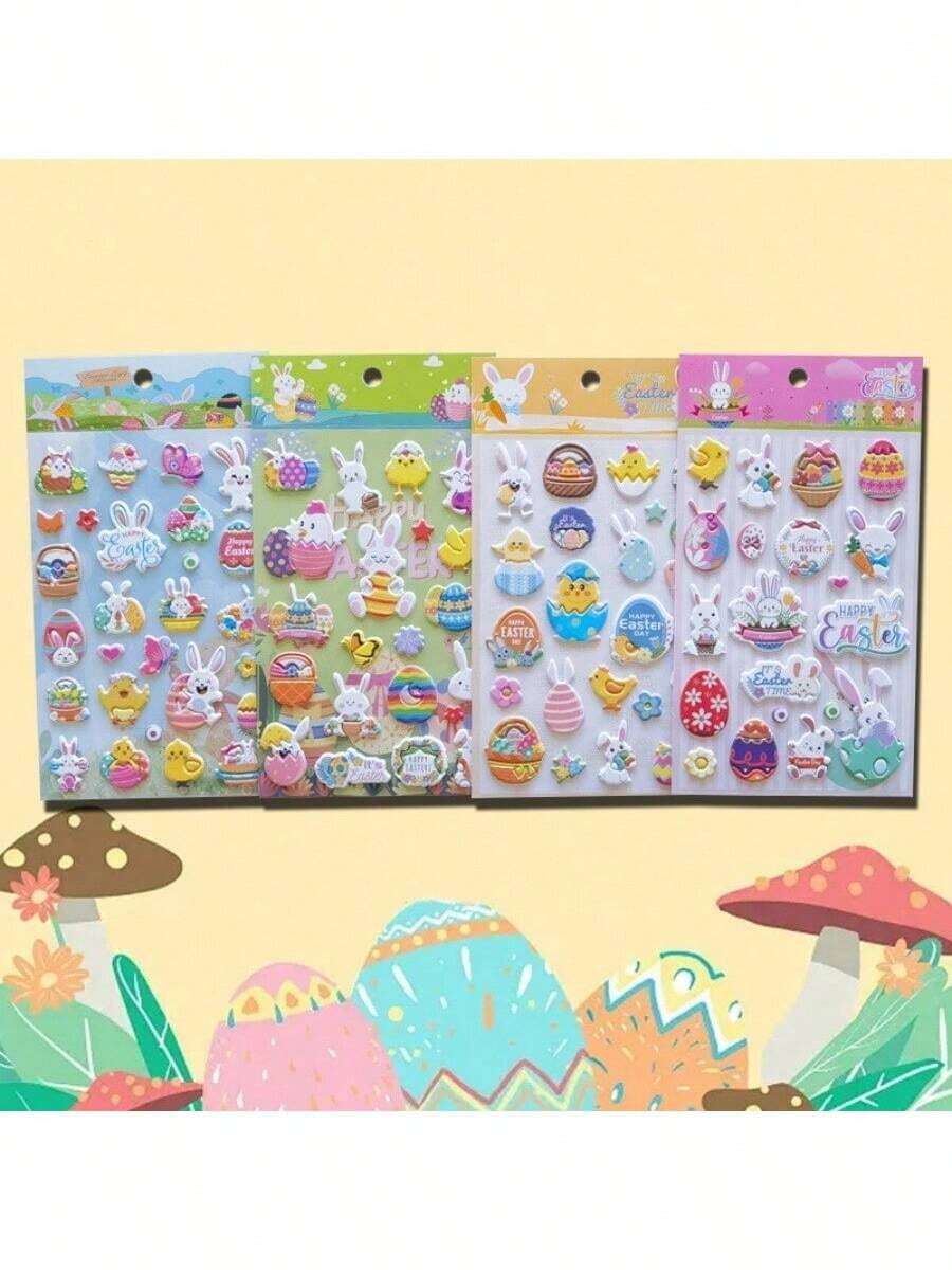 4pcs Easter Egg Stickers, Cute Rabbit & Chick Cartoon 3D Bubble Decorative Stickers, Holiday Party Gifts,School Supplies,Back To School