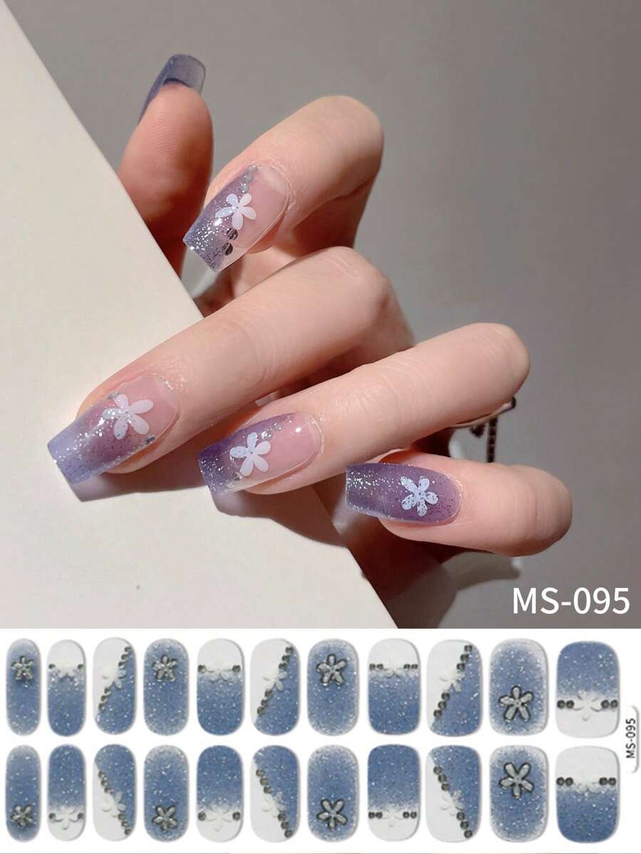 1 Pegatina de uñas con flores blancas degradadas de primavera/verano fresca y sencilla, pegatina de uñas francesas con líneas simples, pegatina de uñas autoadhesiva con estrellas de nieve navideñas, para usar a diario, en vacaciones y fiestas