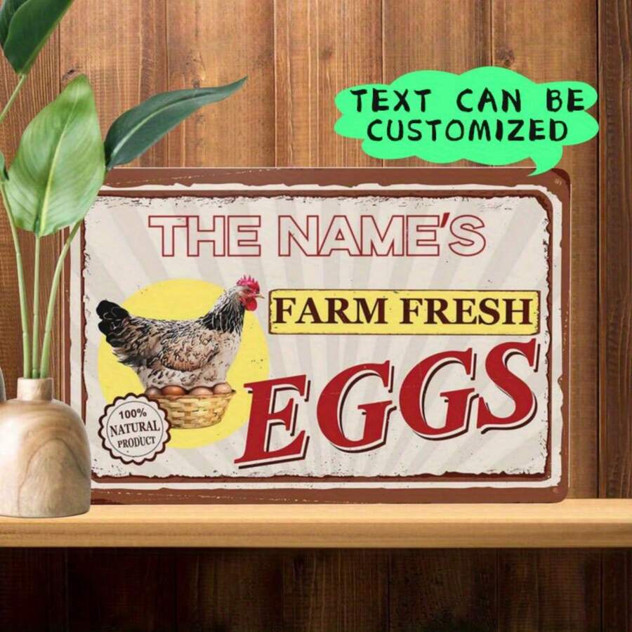 Aanpasbaar metalen bord van 8x12 inch - "The Name's Farm Fresh Eggs", gepersonaliseerde tekst, vintage stijl voor boerderij- of tuindecoratie, aan de muur te bevestigen, accessoire voor kippenhok