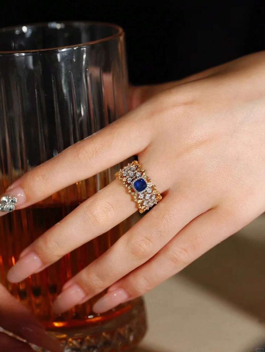 1pc S925 Sterling Silver Retro Elegant Luxury Palace-Style Hollow Lace Blue Zirconia Crystal Ring, Versatile, Suitable For Women Daily Wear, Holidays, Parties, Jewelry Gift