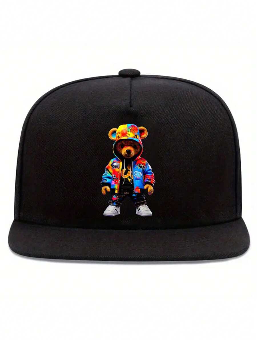 1pc "Doodle Bear" Print Unisex Streetwear Hip Hop Cap, Adjustable Brim Baseball Hat, Sports Cap