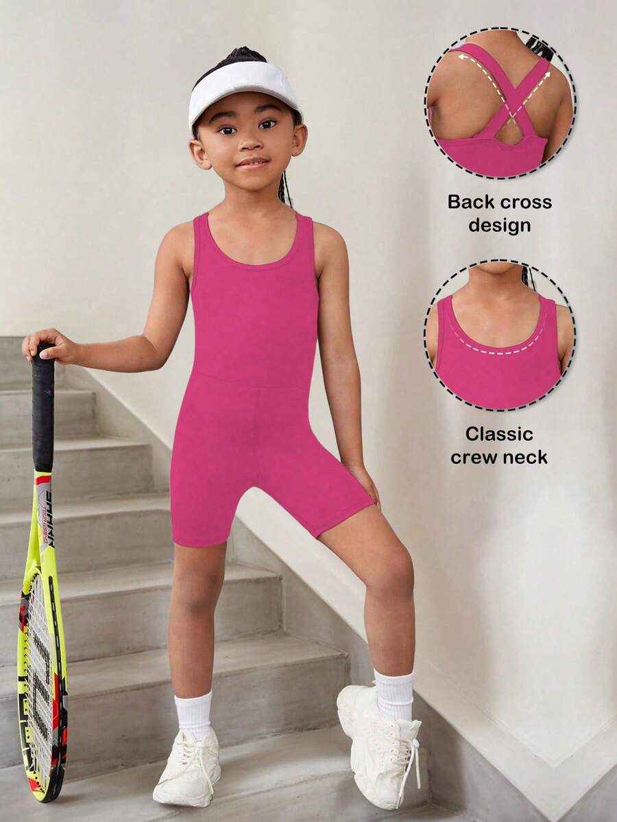 1pc Girls Magenta Yoga Exercise Gymnastics Sports Unitard Shorts, Elastic Tight Comfortable Leggings