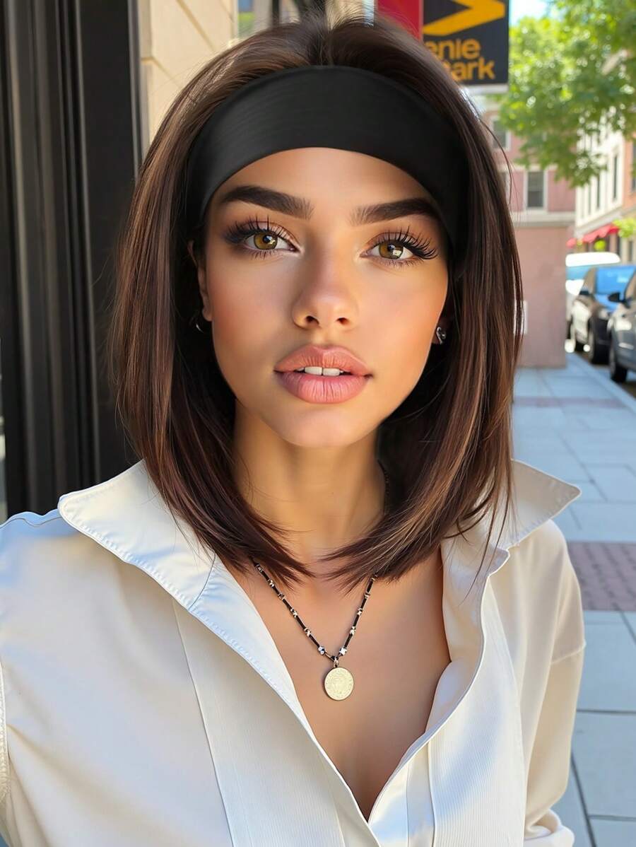TOPSHE 12-Inch Headband Wigs For Women Straight Hair Wigs Black Brown Wig With Headband Synthetic Long Curly Wigs