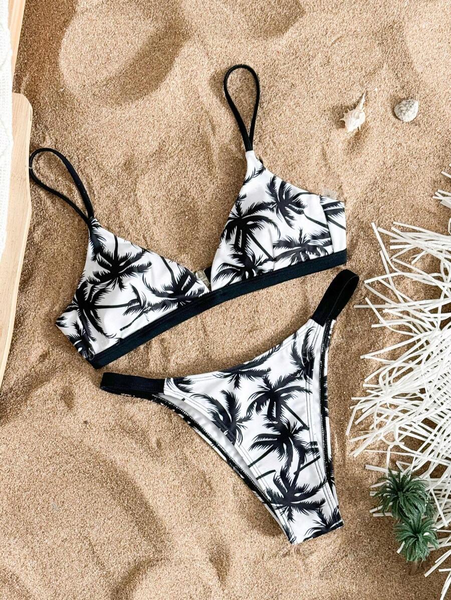 Traje de baño con estampado de árbol de coco sexy para mujer, set de traje de baño para playa y vacaciones, para el verano