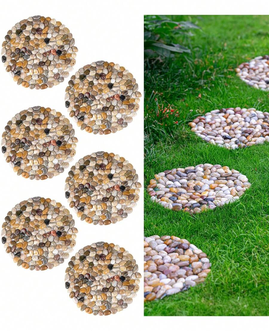 6 PCS River Rock Stepping Stones Outdoor, 12 Inch Diameter Round Pavers Pebbles Polished Gravel For Garden Walkway