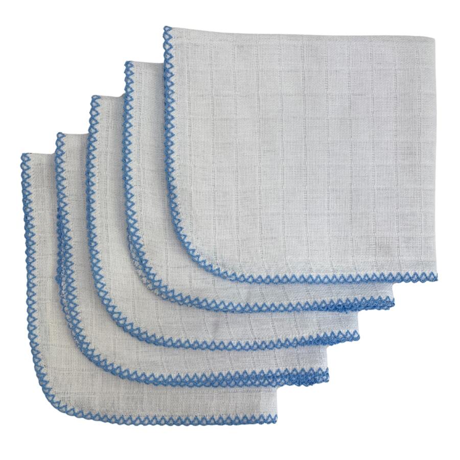 Kit com 5 Fraldas De Boca Babete Tecido Duplo Quadriculado 33cm x 33cm Com Bico em Picueta Crochê - Para personalização, bordadeiras, pintar, bordar, dar de presente, customizar - Paninho de Boca Enxoval