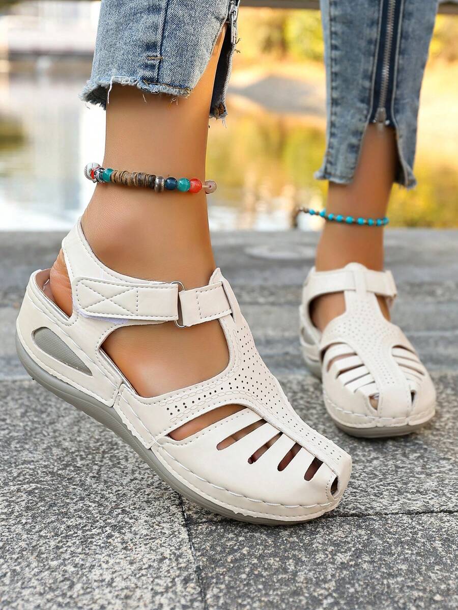 European & American Style Women Sports Sandals, Hollow Mid Heel Wedge Platform Hook And Loop Roman Shoes, Fashionable