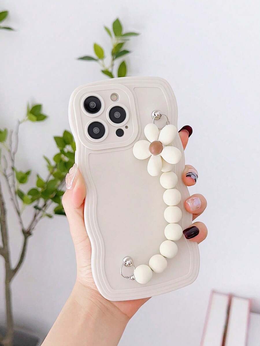 Białe etui na telefon 1 szt. Modne faliste etui na telefon TPU odporne na wstrząsy z dekoracją bransoletki z pereł DIY, kompatybilne z 11 12 13 14 15 Pro Max 16 Plus