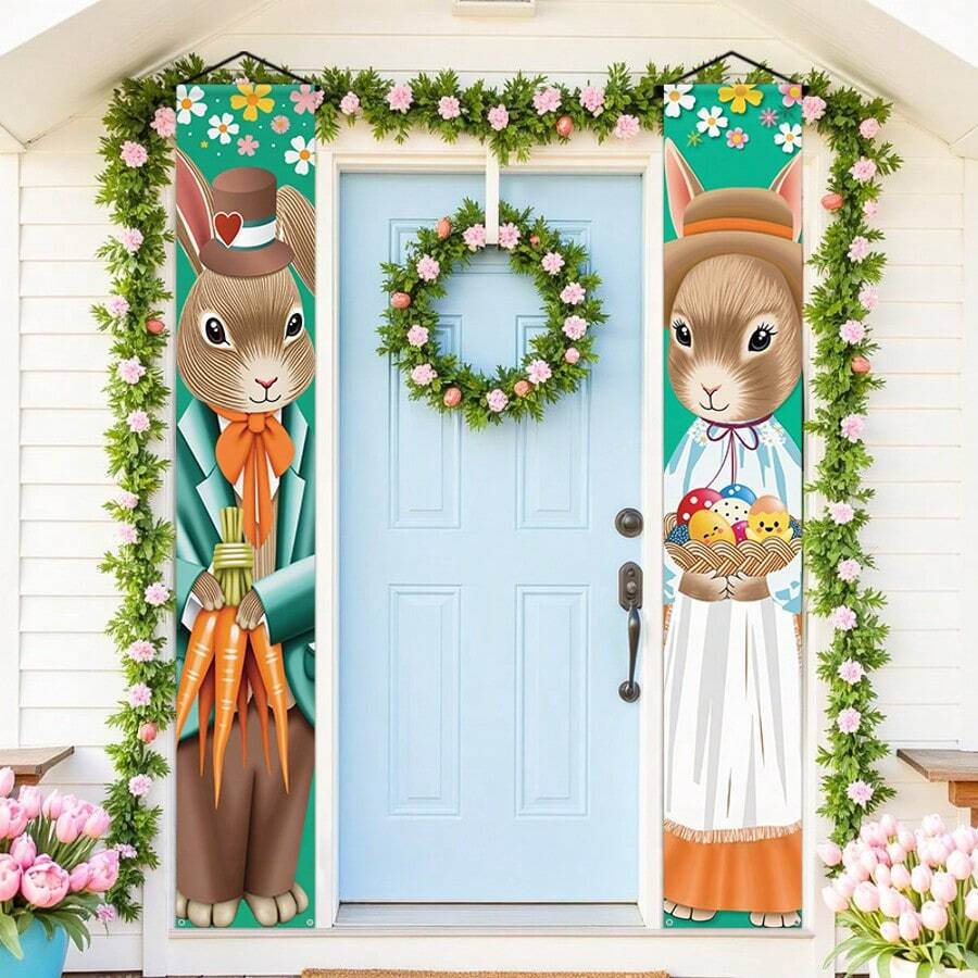 1 paire de bannière Joyeuses Pâques, décoration de porche de Pâques à suspendre, idéale pour le porche, le jardin, le garage et la décoration de la maison