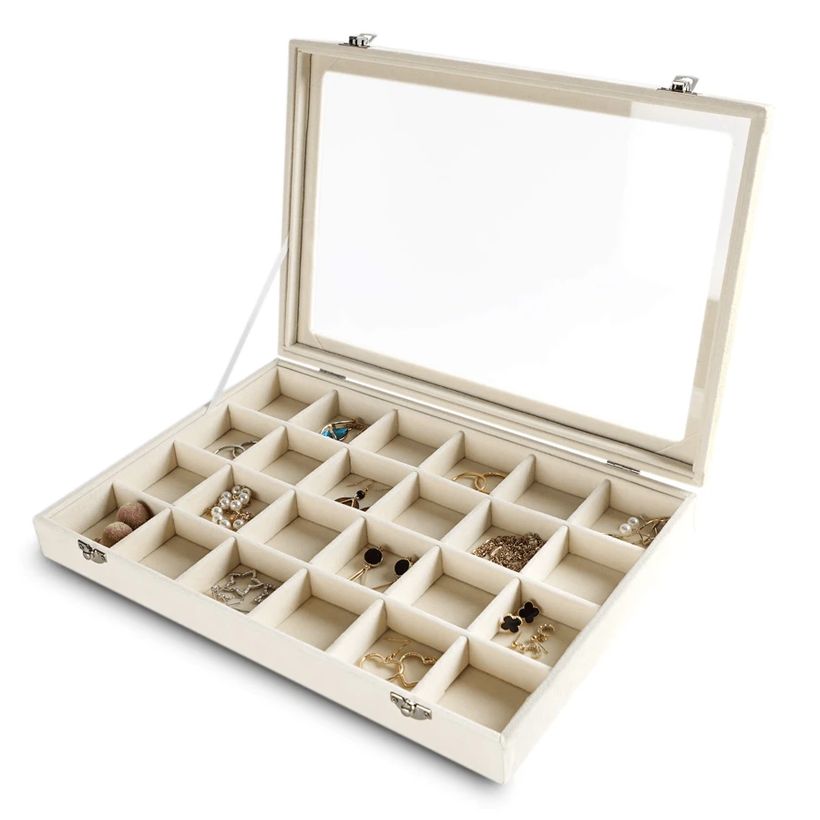 1pc Transparent Covered Jewelry Storage Tray, 24 Velvet Drawers, Jewelry Display Box With Transparent Glass Cover, Lockable, Suitable For Girls And Women To Store Necklaces, Rings, Earrings, And Various Accessories