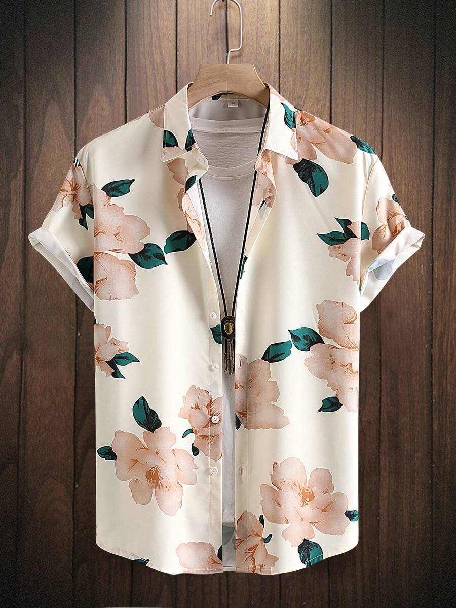 Men's Summer Tropical Plant Print Short Sleeve Casual Shirt