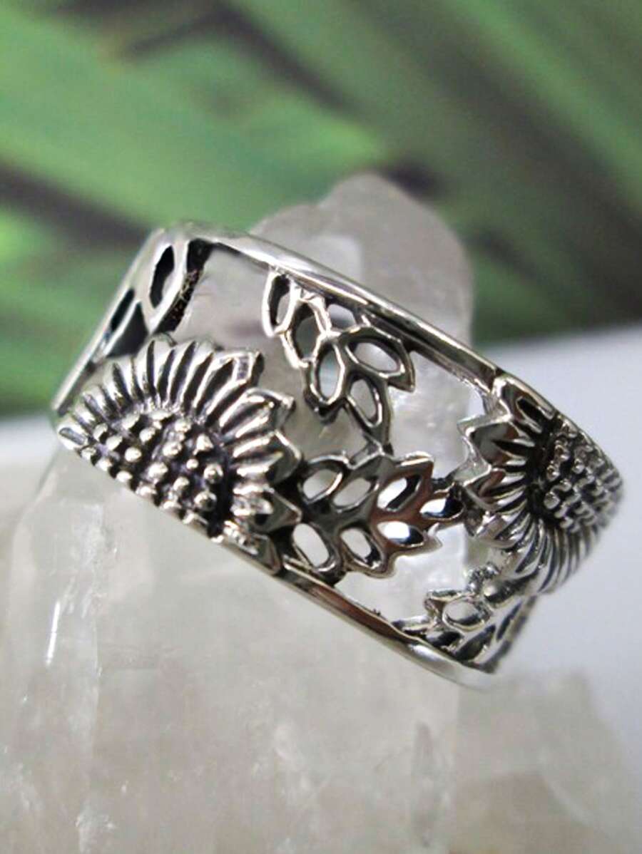 1pc Flower, Leaf, Sunflower Design Ring, Silver-Tone Copper, Fashion Accessories For Men And Women, Party And Daily Wear, Size 6-10