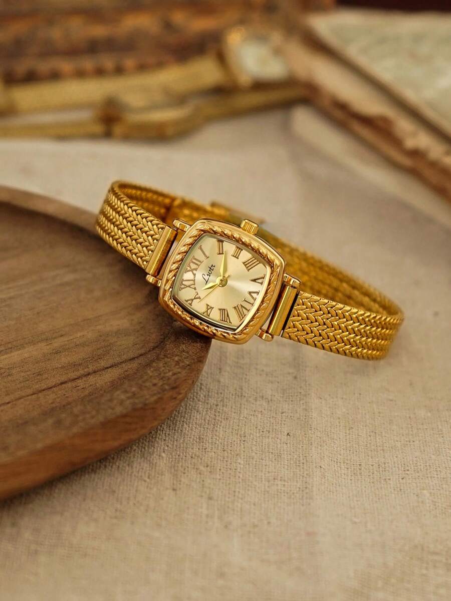 1 pieza Nuevo reloj de cuarzo de lujo y estilo retro para mujer, correa trenzada de acero inoxidable, esfera rectangular grabada con números romanos, adecuado para uso diario, diseño minimalista, elegante y artístico, excelente regalo para cumpleaños o San Valentín