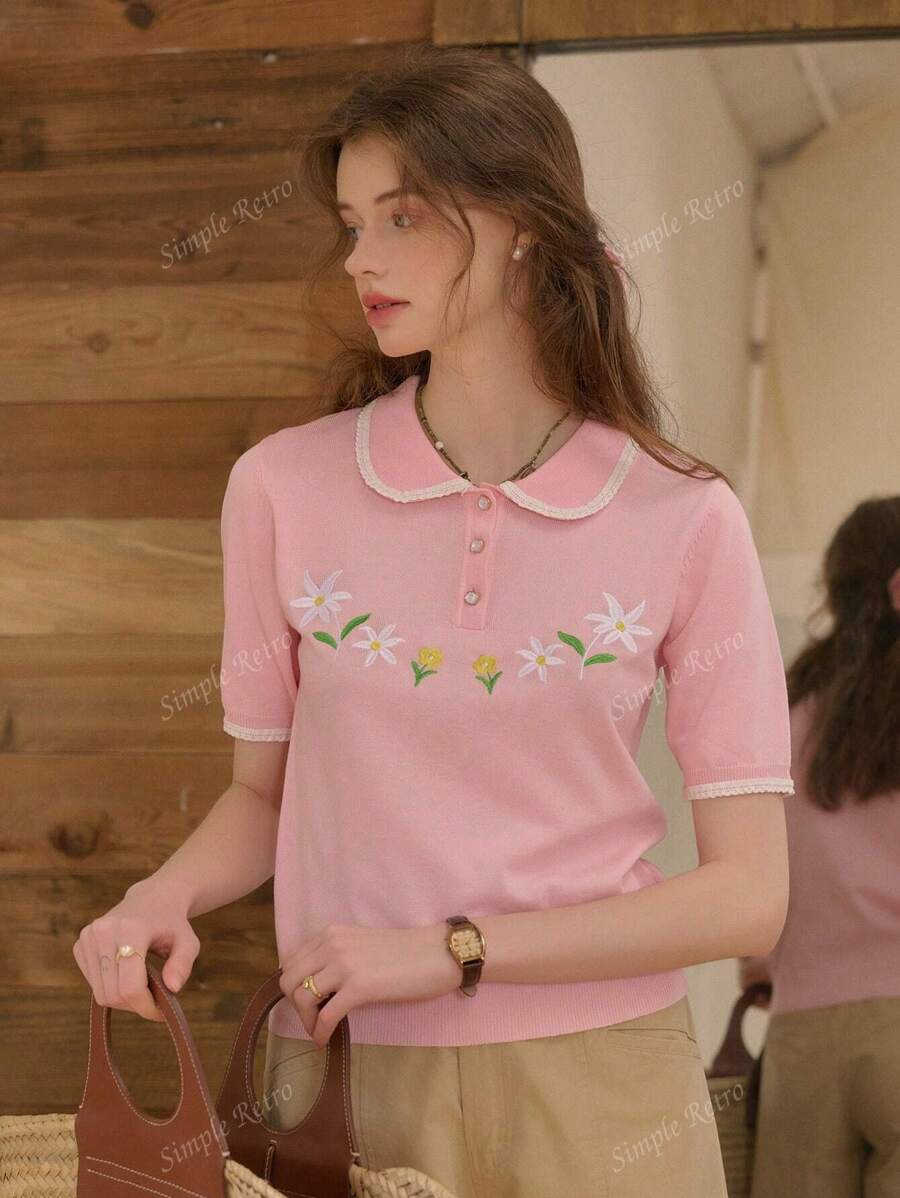 Simple Retro Modele damskie na wiosnę i lato Kolizja Kołnierzyk Piotruś Pan Haft guzikowy Różowy Romantyczny Elegancki Retro Elegancki Slim Krótki rękaw Sweter Dzianinowe topy
