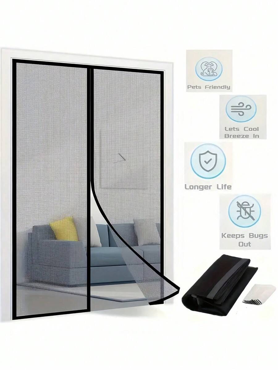 1pc Heavy Duty Magnetic Screen Door With Full Frame Hooks And Rings, Polyester Mesh Curtain, Fresh Air Circulation, Easy Pet Access, Child Friendly, Pest-Resistant, Fits 38x82 Inch Door