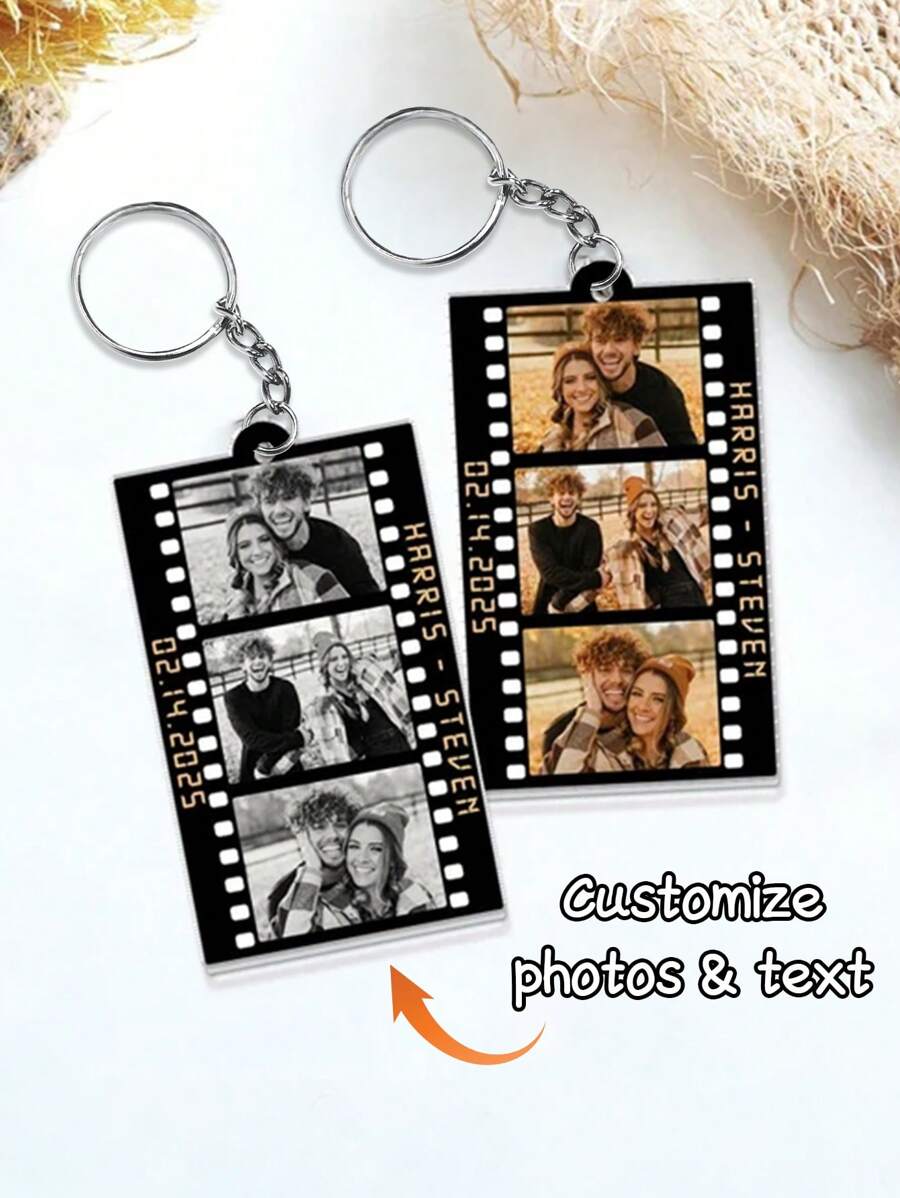 1pc Gepersonaliseerde Foto Film Stijl Sleutelhanger, Gepersonaliseerde Aanpassen Paar Naam En Datum Acryl Sleutelhanger, Gepersonaliseerde Foto Strip Sleutelhanger, Roestvrijstalen Open Ring Sleutelhanger, Gepersonaliseerde Acryl Accessoire, Geschikt Voor Valentijnsdag, Jubileum, Verjaardag, Cadeaus Voor Hem, Haar Vriendje's Cadeau, Gepersonaliseerde Foto Sleutelhanger, Koppel's Cadeau, Gepersonaliseerde Accessoire, Gepersonaliseerd Cadeau, Vakantie Decoratie