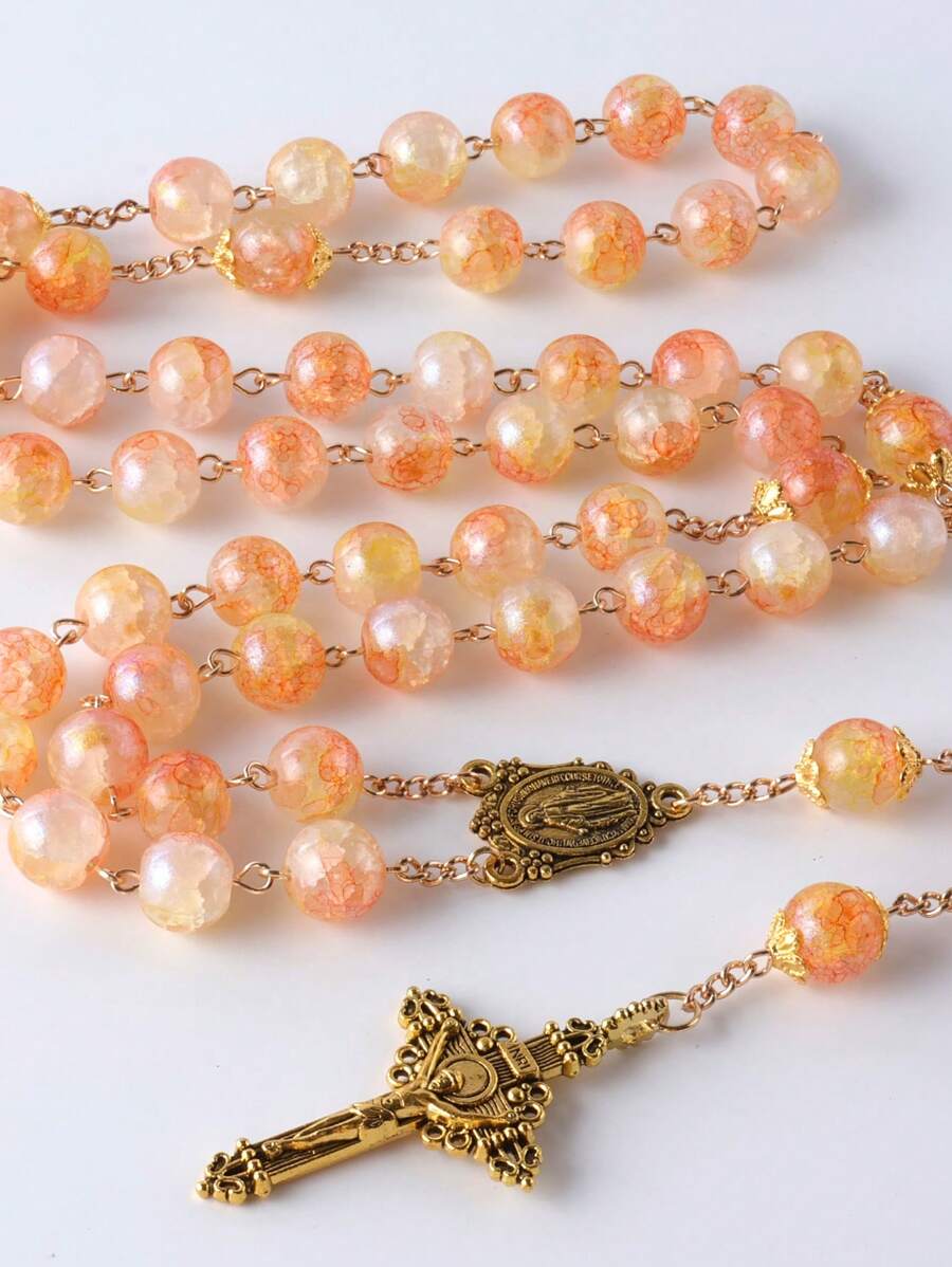 GO2CJBEADS 1 pieza Collar con colgante de cruz de 10mm con 59 cuentas de cristal de colores variados, estilo casual. Collar de oraciones católicas con cuentas de cristal agrietadas, colgante de cruz en cadena larga para suéter.