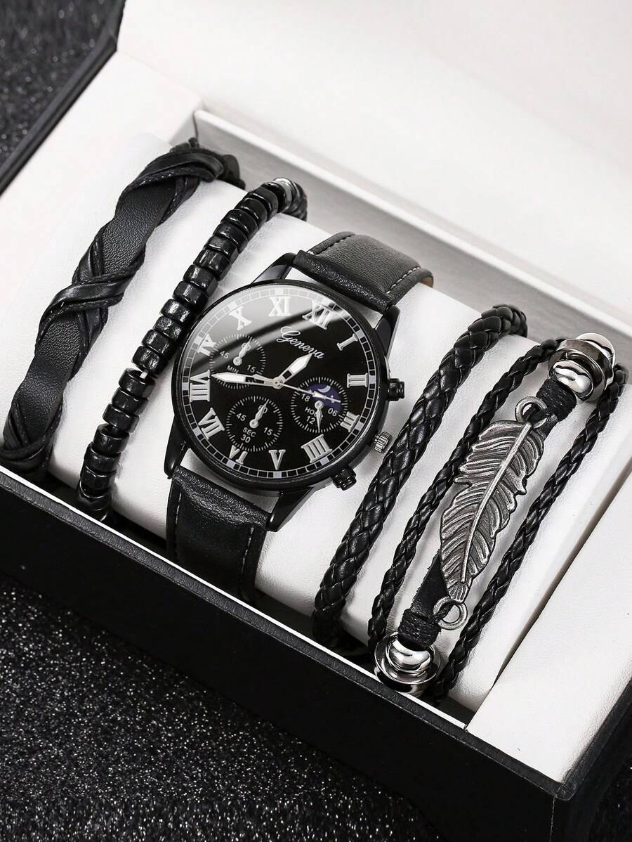 5pcs Men's Fashion Quartz Watch Set - Vintage Style Leaf Beaded Handmade Braided Bracelet, PU Leather Watch With Precise Analog Display, Comfortable, Ideal Gift For Him, Suitable For Casual & Sports