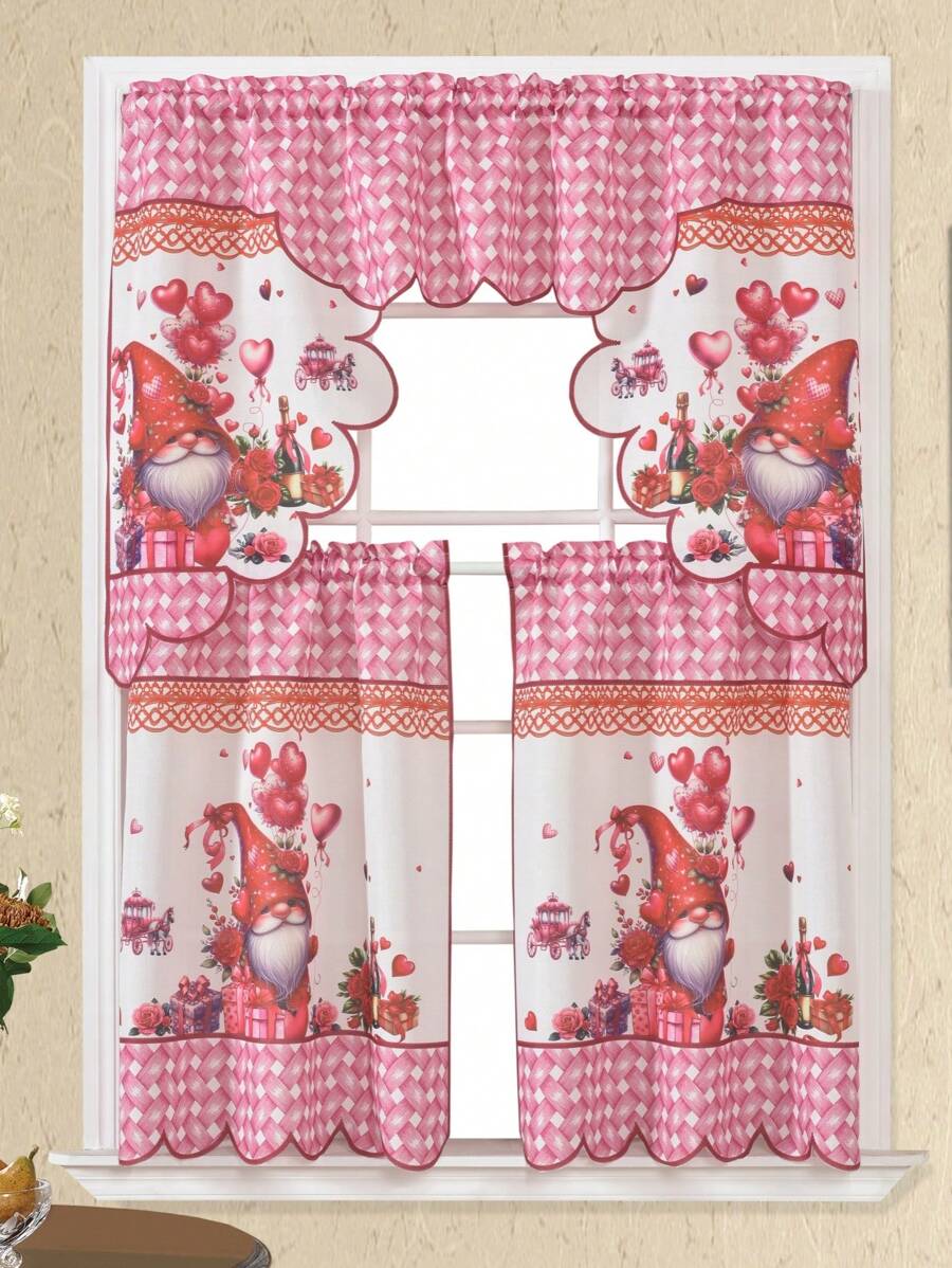 1 JUEGO (3 piezas/Juego) Cortinas con diseño de corazones rosas impresos digitalmente hechas de fibra de acetato y hilo de bambú, adecuadas para la cocina, sala de estar, dormitorio y otras decoraciones del hogar
