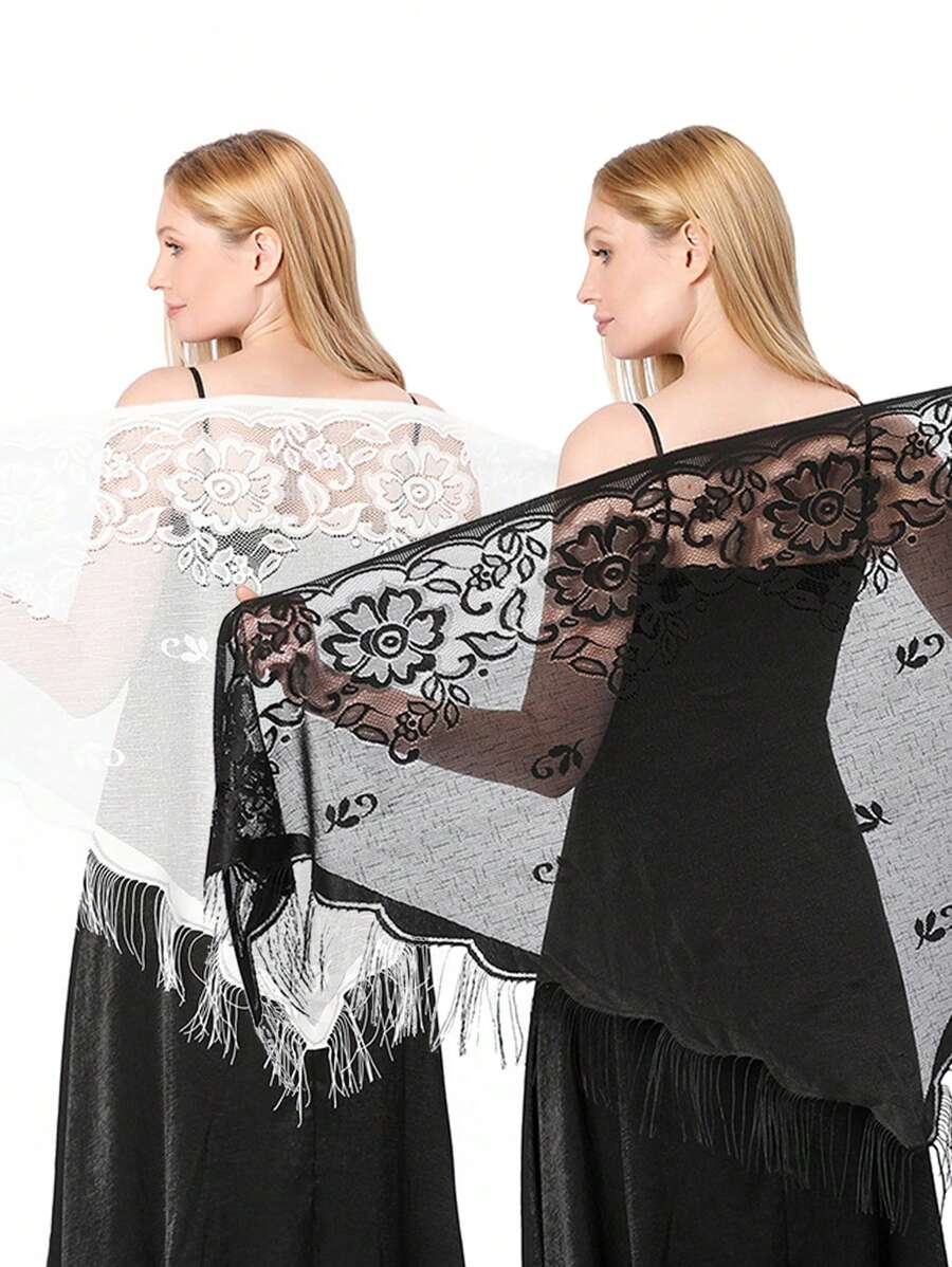 1pc Elegant Fashionable Hollow Out Tassel Design Lace Shawl For Banquet
