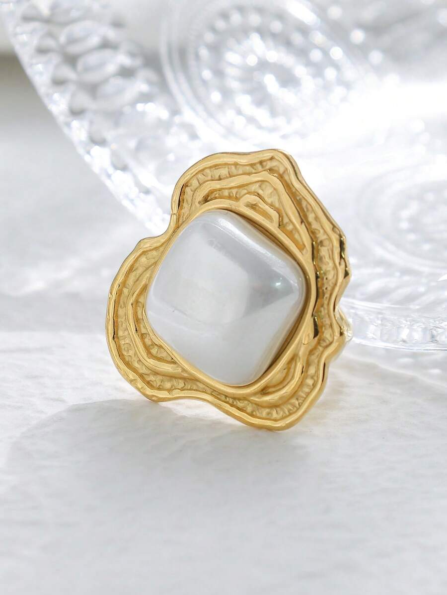 Mazuer 1pc 18K Gold Plated Vintage Stainless Steel Geometric Pearl Design Adjustable Open Ring, Suitable For Women, Characteristics For Spring/Summer, New Year, Western Party, Dating, Gift, Vacation