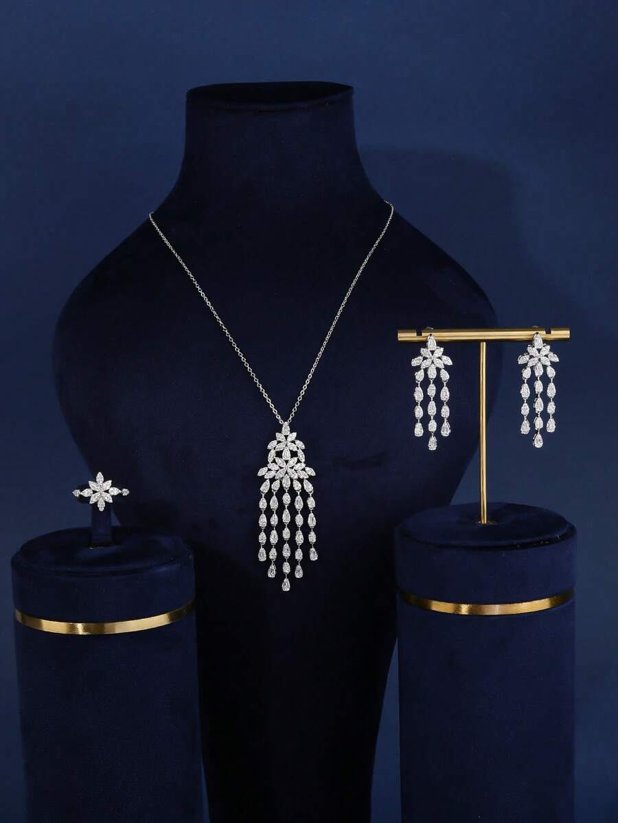 4 Stücke Set aus Kupferlegierung mit Blumen-Quasten-Design, Multi-Zirkonia Modeschmuck, elegant & luxuriös, geeignet als Geschenk, für Damen Alltag & festliche Anlässe