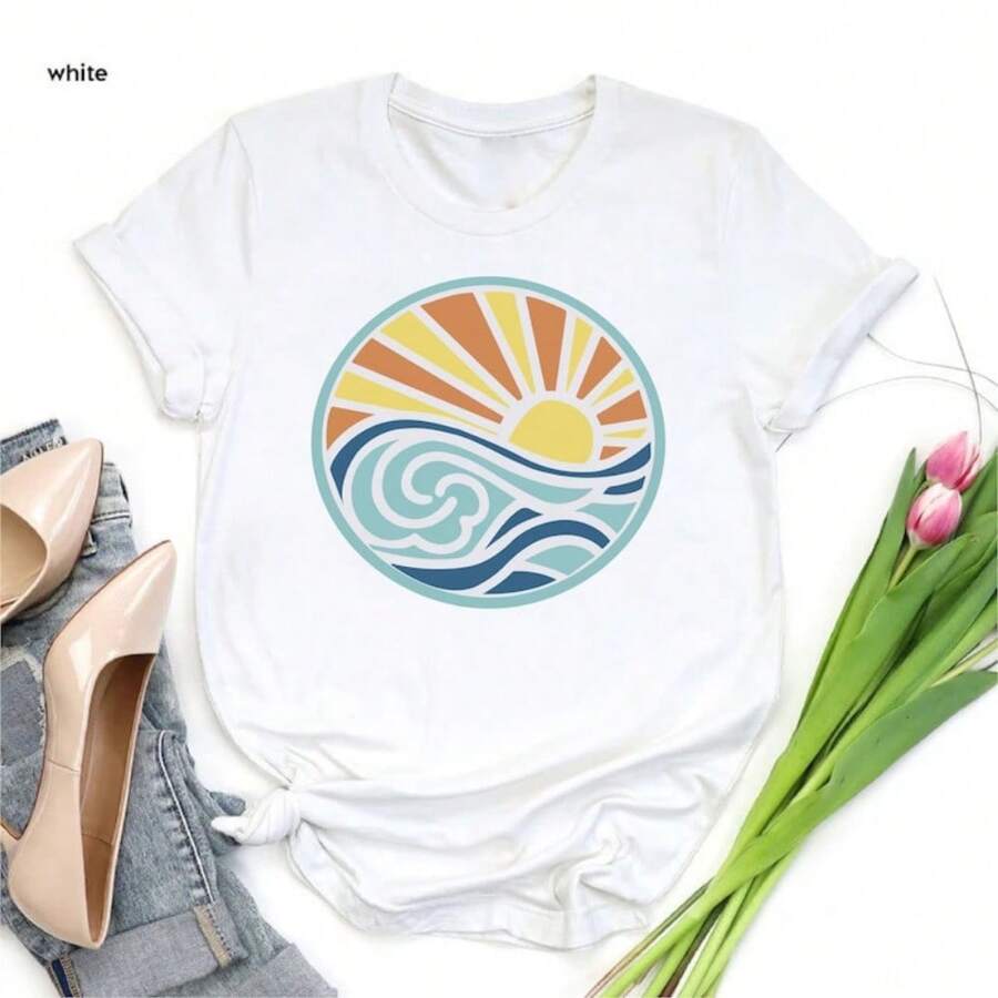 Beach Round Shirt,Retro Sunset Shirt,Summer Shirt,Layered Sun With Ocean Waves,Summer Tshirt,Beach Shirt Women,Beach Vibes