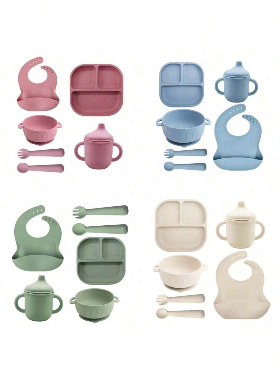 6 Pieces Silicone Baby Feeding Set, Infant-Led Weaning Essentials, Suction Divided Plate, Toddler Self-Feeding Plate Set With Spoon, Fork, Training Cup With Straw, Adjustable Bib, Tableware Easter Gift
