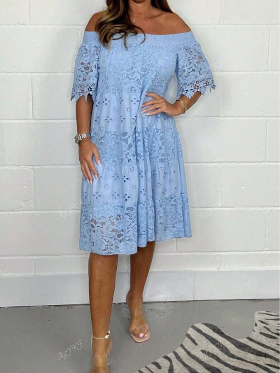 2025 Spring/Summer Cocktail Party Lace Patchwork Fashion Elegant Off Shoulder Dress, Formal Party Outfit, Wedding Guest Dress