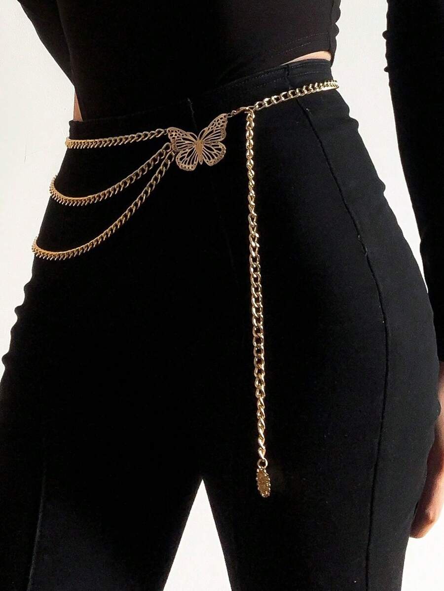 European & American Metallic Style Big Butterfly Multi-Layer Tassel Waist Chain, Elegant Waist Chain Fashion Accessory Suitable For Daily Dress
