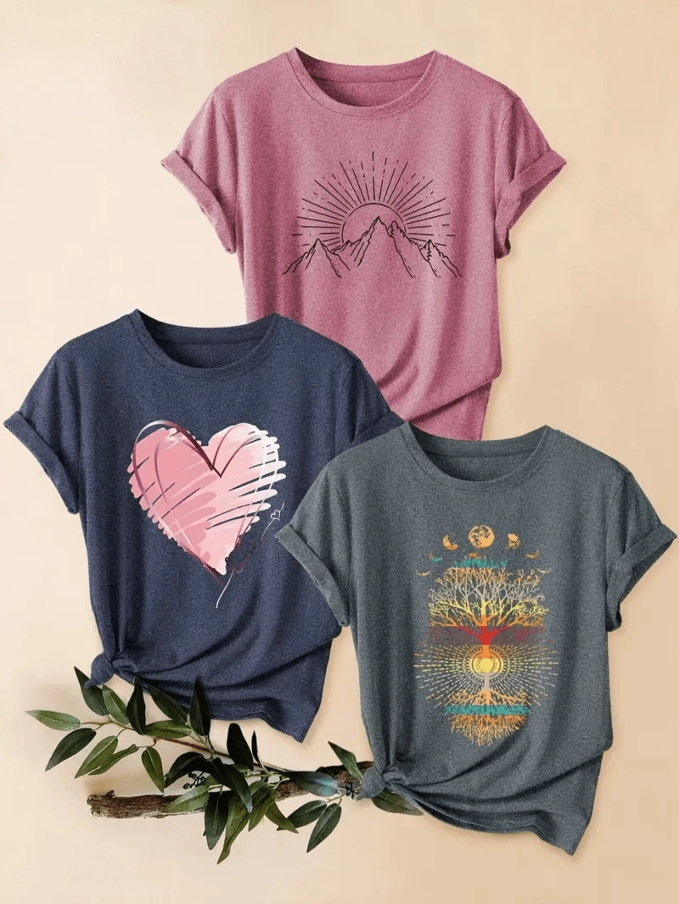 3 pièces T-shirts de sport décontractés d'été pour femmes avec imprimé vintage de soleil, d'arbre et de montagne - col rond, manches courtes, extensible et lavable en machine