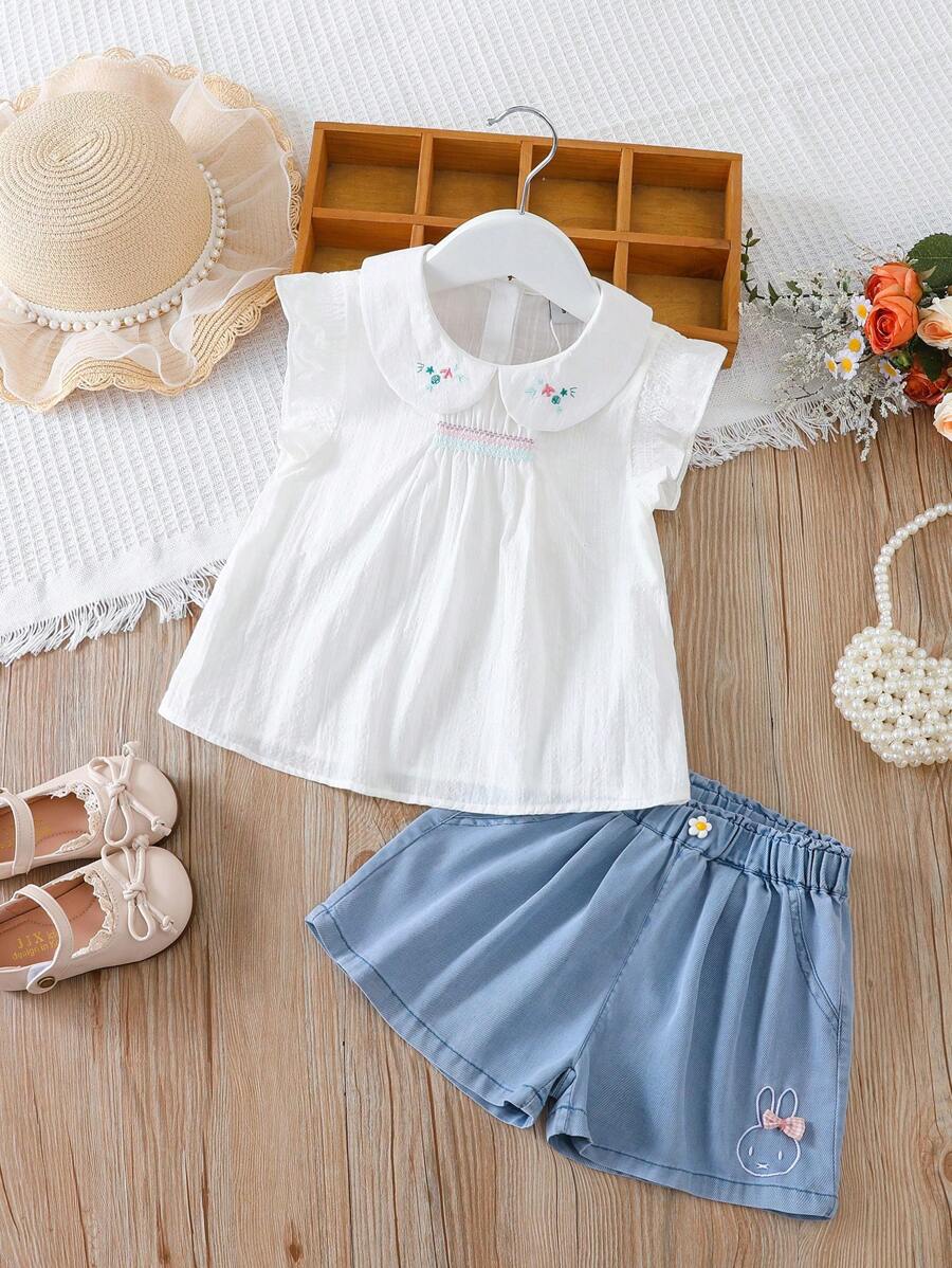 Bloemenborduurwerk Ruffle Collar Cap Sleeve Shirt En Shorts Casual 2-delige outfit voor jonge meisjes