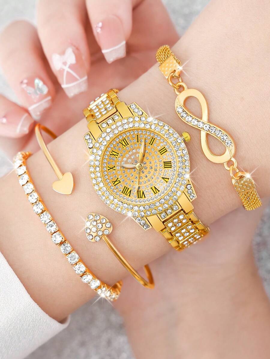 4 peças/conjunto de relógio feminino elegante com strass e numeral romano e pulseira de corrente em formato de 8, pulseira redonda dourada da moda, presente para o dia das mães, dia do professor, ação de graças, formatura, aniversário