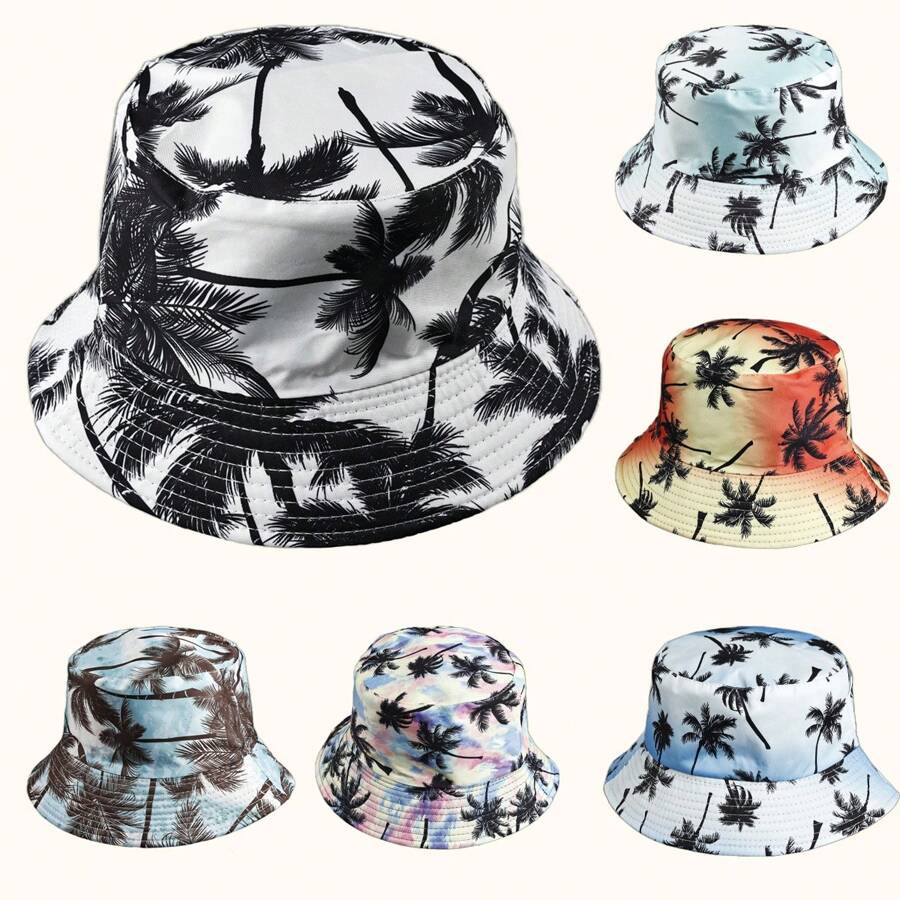 1 Stück beidseitig bedruckter Fischerhut mit Palmen - 100% Polyester, Urlaubsstil, gewebtes Design - ideal für Strandpartys, den Lässig Alltag und Outdoor-Aktivitäten