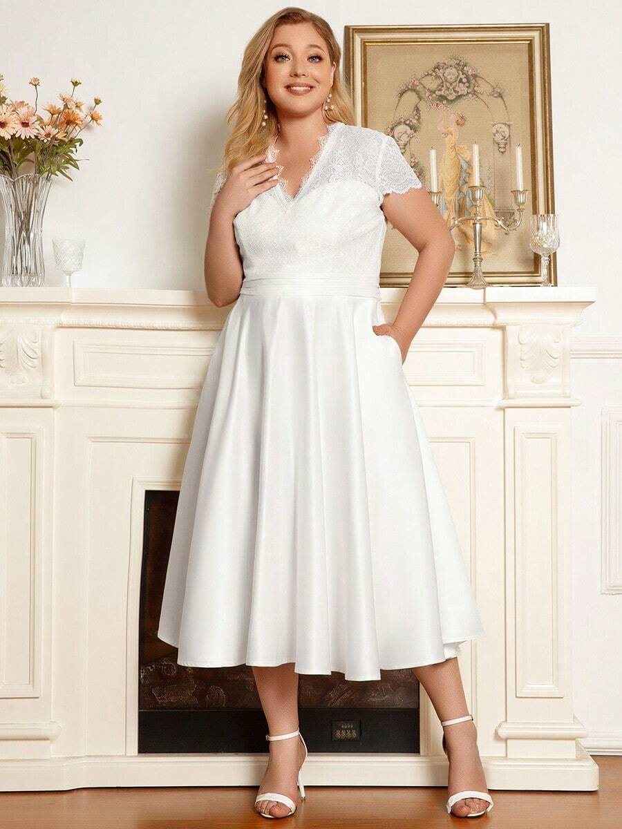 EVER-PRETTY Elegantes Spitzen-Brautkleid für Brautjungfern mit V-Ausschnitt und kurzen Ärmeln, einfarbig, für Junggesellinnenabschied, Brautparty, kleines weißes Kleid, Verlobungskleid