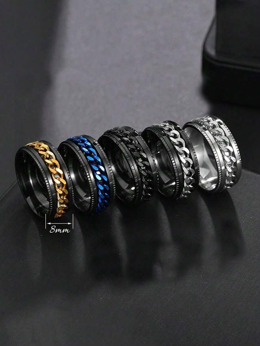 Set de 5 anillos de acero inoxidable y titanio para hombres, con grabado de cadena, resistentes a la decoloración y giratorios, ideales para uso diario