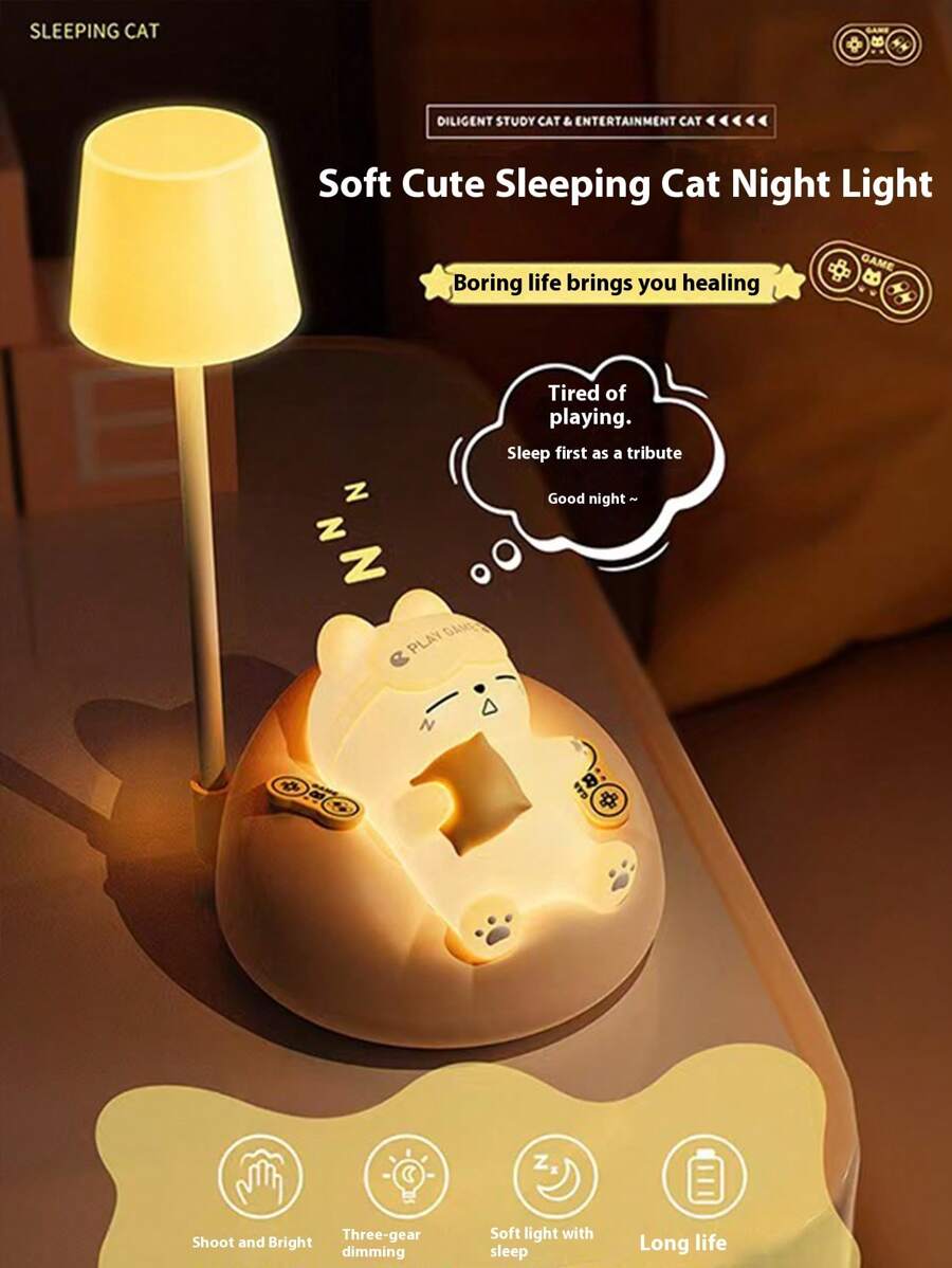 1 pièce Nouvelle lampe d'apprentissage Veilleuse de nuit chat mignon endormi USB rechargeable Lampe de nuit pour chambre à coucher Salon Bureau Petit éclairage Lampe de chevet Forme de chat endormi Cadeaux créatifs et originaux pour amis et famille Beaux cadeaux convenant pour Thanksgiving, Pâques et d'autres cadeaux de vacances
