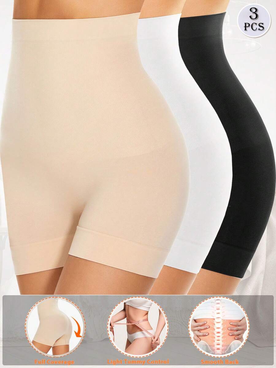 3PCS Dames Naadloze Hoge Taille Body Shaping Boxershorts, Basic Zachte Brede Tailleband Fietsbroek, Jarretelbroek, Stretch Heup Lift Body Shaping Broek